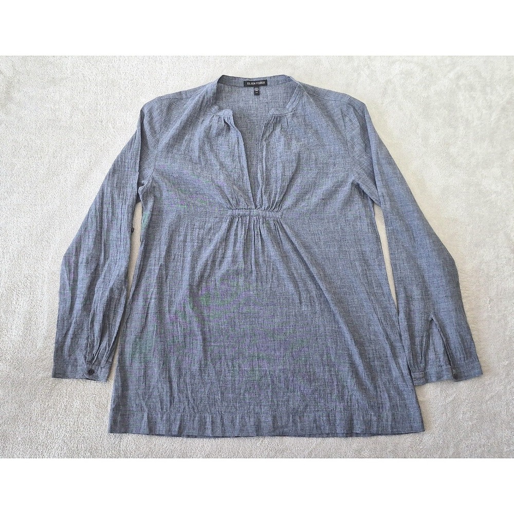 Eileen Fisher Cotton Linen Tunic Blouse Grey Chambray Split Neck Pleated XS